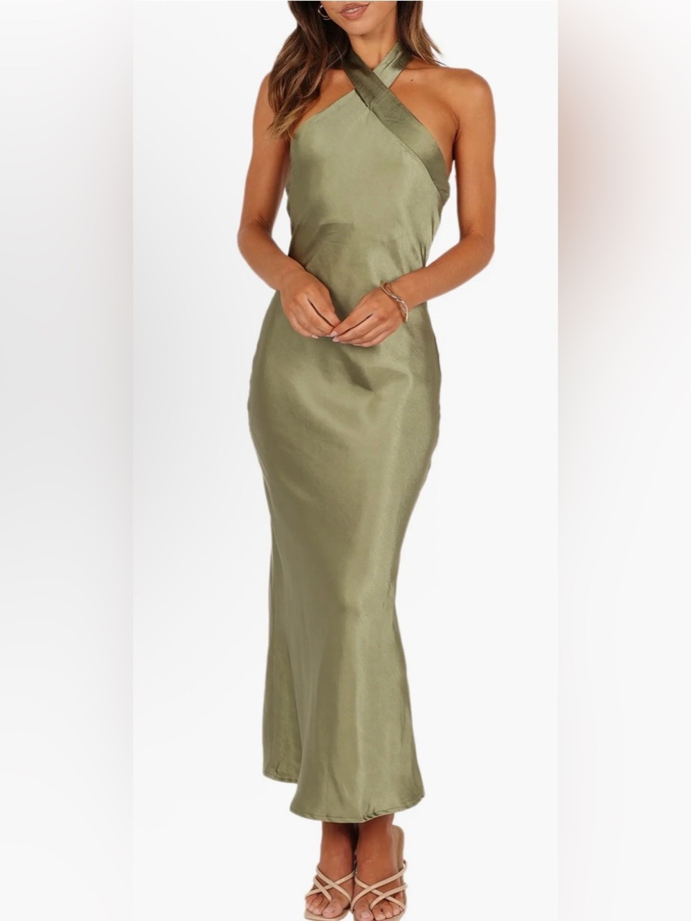 Petal & Pup Grasie Stretch Satin Halter Dress – Olive Size 2